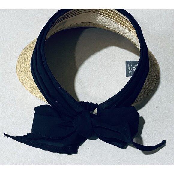Vince Camuto Hat Womens One Size Black Chiffon Tie Bow Straw Visor Beachy Boho - Picture 4 of 6
